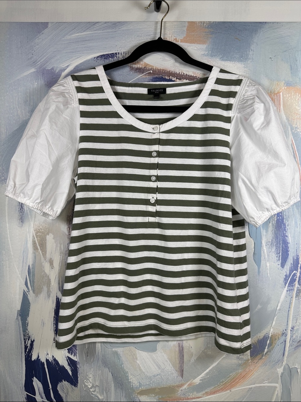 Talbots Petite Olive Green White Striped Top Puff Sleeve Button Front Medium/ P